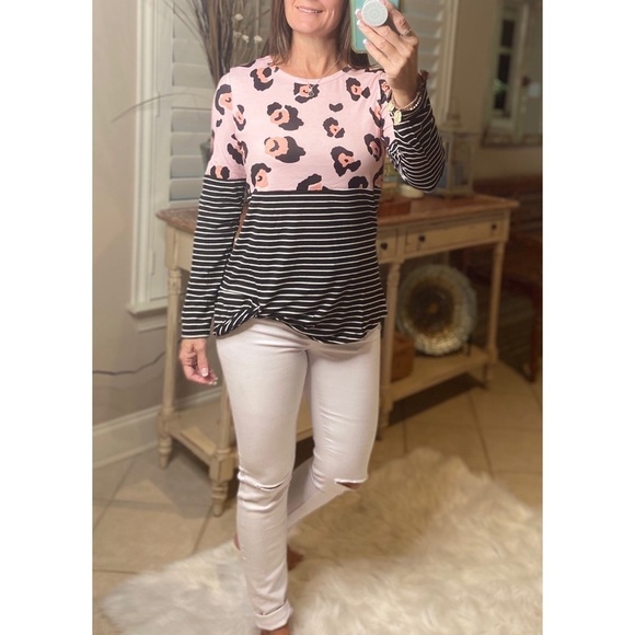 Leopard Striped Knot Long Sleeve Pink Black 3920 - Picture 2 of 5
